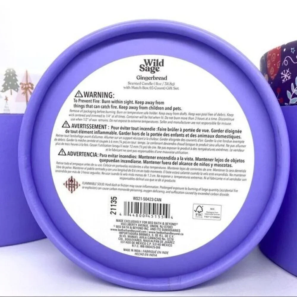 Wild Sage 2 Piece Gingerbread 11 oz. Candle and Matches Gift Set New